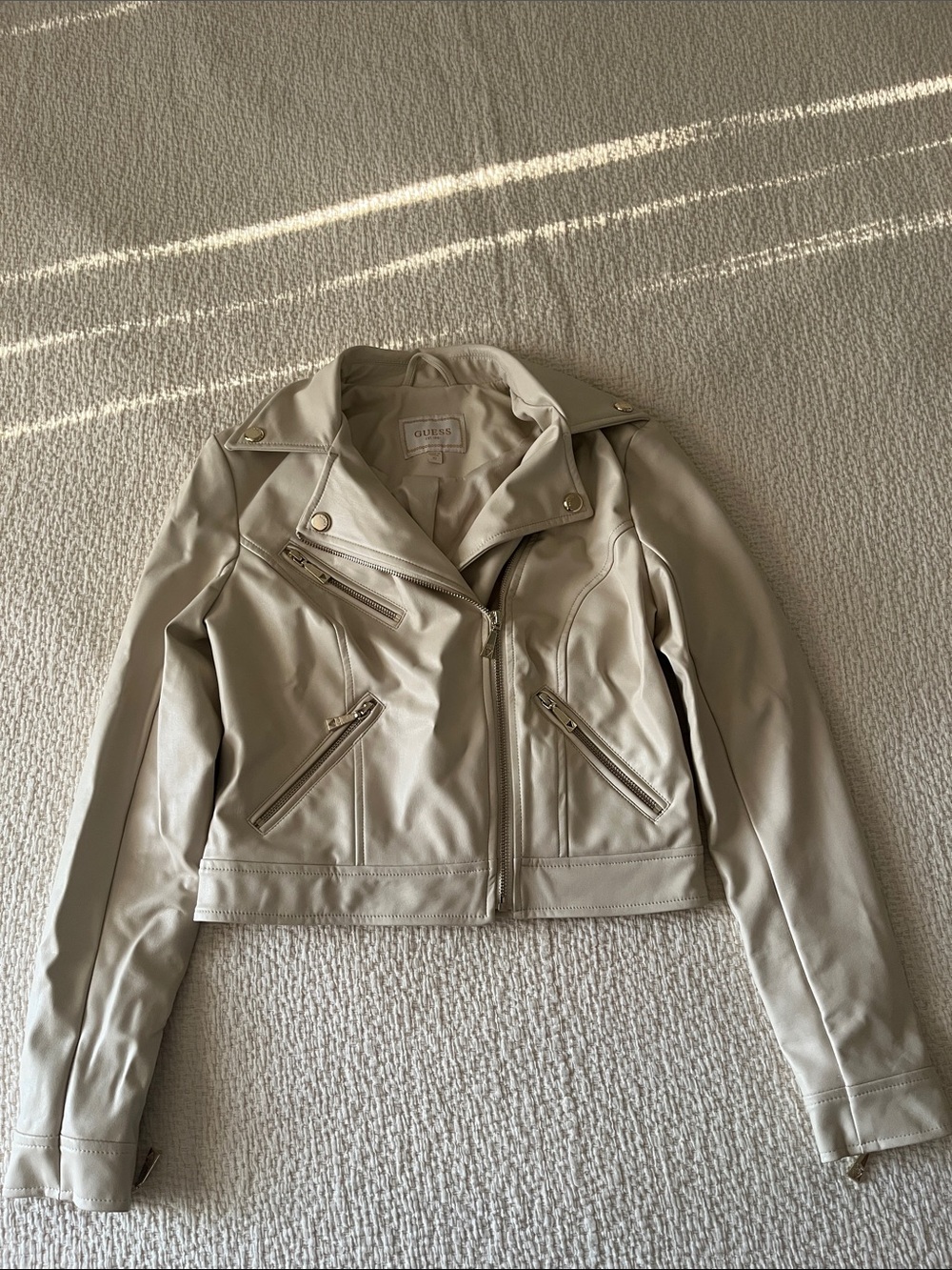 GUESS Light Cream Vegan Leather Moto Jacket with Gold Hardware